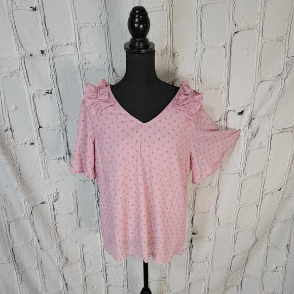 white birch Tops - BLUSH Bell Sleeve Pink Swiss Dot Dressy Blouse with Ruffle Detail‎ Womens L NWT